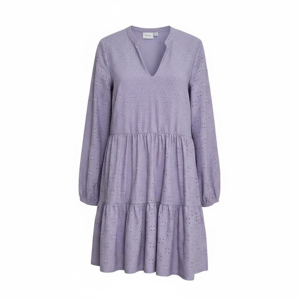 Vila Eyelet Embroidered Tiered Long Sleeve V-Neck Mini Dress Lilac Size Small